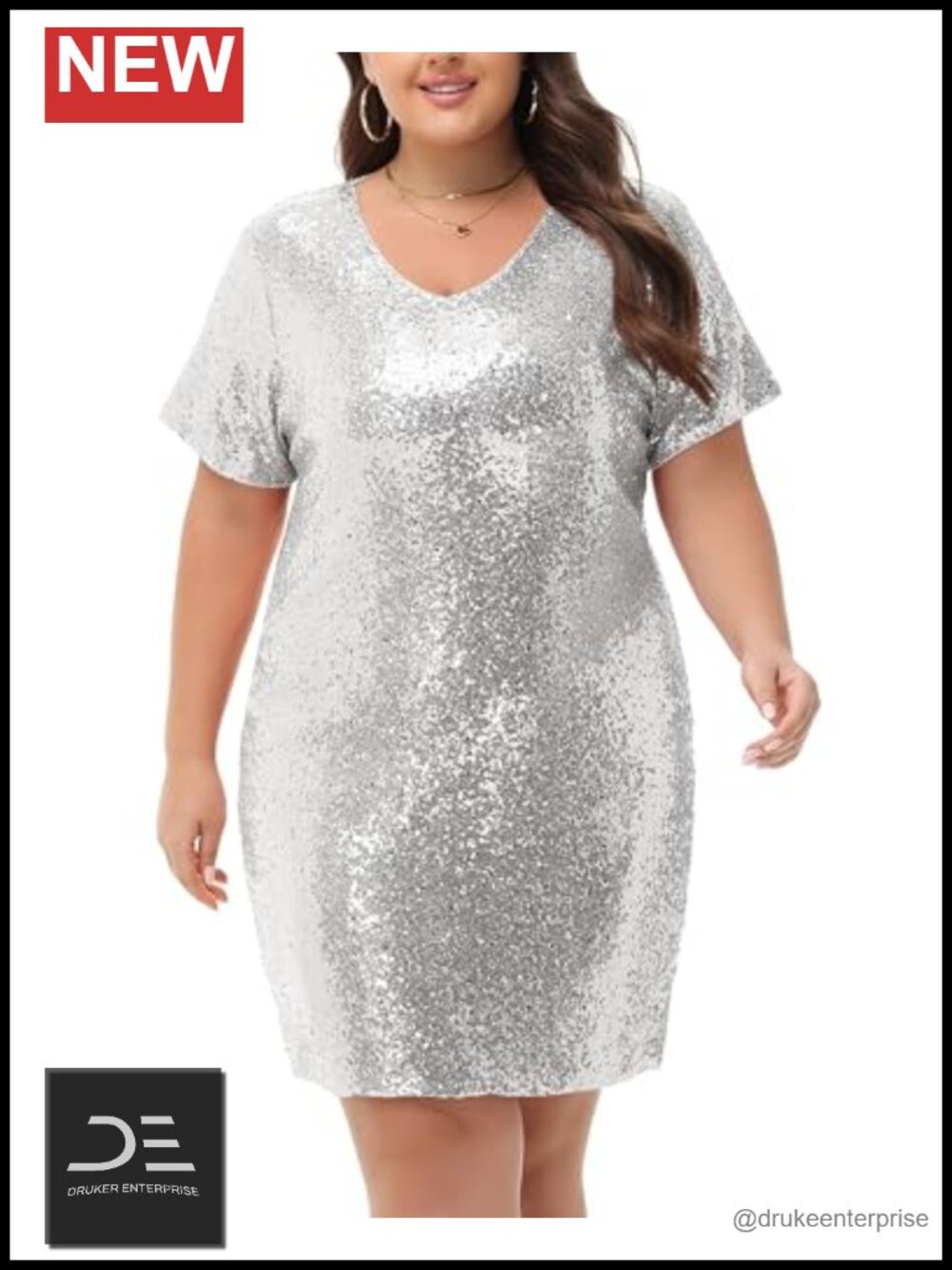 Plus Size Sequin V Neck Short Sleeve Shift Midi Dress Party Club Sparkle